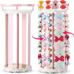 Remerry Pink Hair Bow Holder for Girls Gift Rotating Bow Organizer Stand with Headband Hanger Hair Clips Accessories Display Rack for Baby Nursery Toddler Room Decor