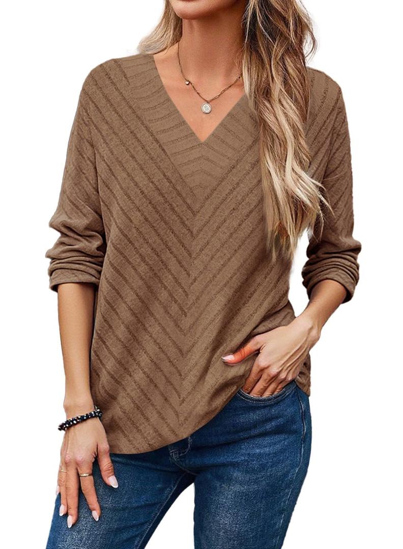 Dokotoo Chocolate Brown Fall Clothes Blouses for Women Dressy Casual V Neck Long Sleeve Knitted Pullover Tshirts Shirt for Women Oversized Henley Shirts Loose Fall Outfits Women's Fashion Clothing XL