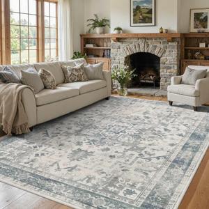 Area Rugs 5x7, Washable Rugs for Living Room, Vintage Boho Light Blue Rug for Office, Dining Room, Kids Room and Farmhouse, Durable Low Pile Non-Slip Area Rug for High Traffic Areas