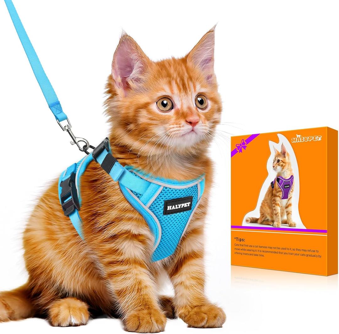 Halypet Cat Harness and Leash Set [MAX Safety 4th-Gen Upgrade] Escape Proof Adjustable Cat Leash Comfortable Soft Vest Easy to Wear Kitten Harness with Reflective Strip for Cats Walking, S Sky Blue (Small (7-12lb))