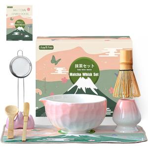 Clay&Fire Matcha Whisk Set, 9 pcs Ceramic Matcha Set, Gifts for Women,Matcha Bowl with Spout and Whisk, Matcha Kit for Matcha Lovers, Ideal Gift Christmas, Birthday, Anniversary(Pink) (Gradient Pink)