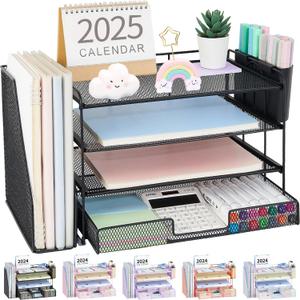 Desk Organizer and Accessories, 4-Tier Desktop File Organizer with Drawer and 2 Pen Holders, Office Desk Accessories, Workspace Organizers for Office Supplies(Black)