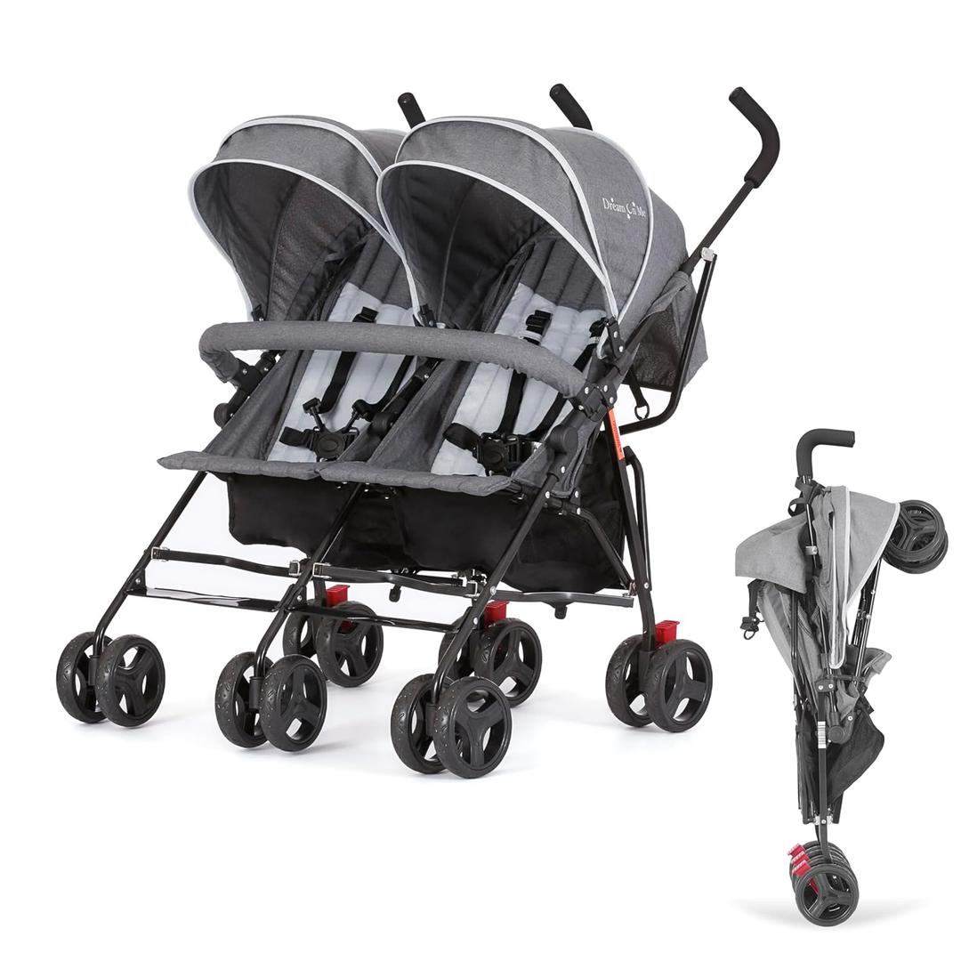 Dream On Me Volgo Twin Umbrella Stroller in Gray, Lightweight Double Stroller for Infant & Toddler, Compact Easy Fold, Large Storage Basket, Large and Adjustable Canopy