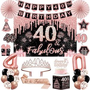 40th Birthday Decorations for Women,32PCS 40th Birthday Party Decorations,Including Backdrop, Crown, Sash, banner, Hanging Swirl,Cake Topper,balloons,Paper Fans,Anniversary Card and paper fans,  Rose Gold 40th