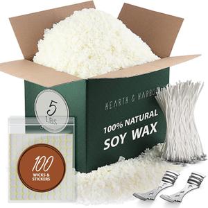 Hearth & Harbor Soy Candle Wax for Candle Making - Natural - 5 lb Bag, Premium Soy Wax Flakes, 100 Cotton Candle Wicks, 100 Wick Stickers, & 2 Centering Devices (5 lbs)