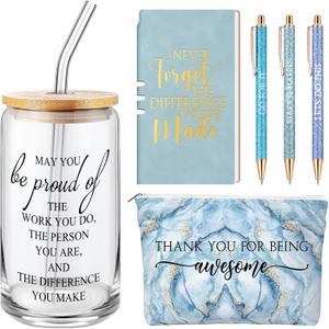 Funnymoom 6 Pcs Thank You Gifts Set for Women Teacher Appreciation Nurse Week Gifts 2026 Inspirational Difference Maker 17 oz Glass Makeup Bag Journal for Coworker Employee Graduation (Marble,Blue)