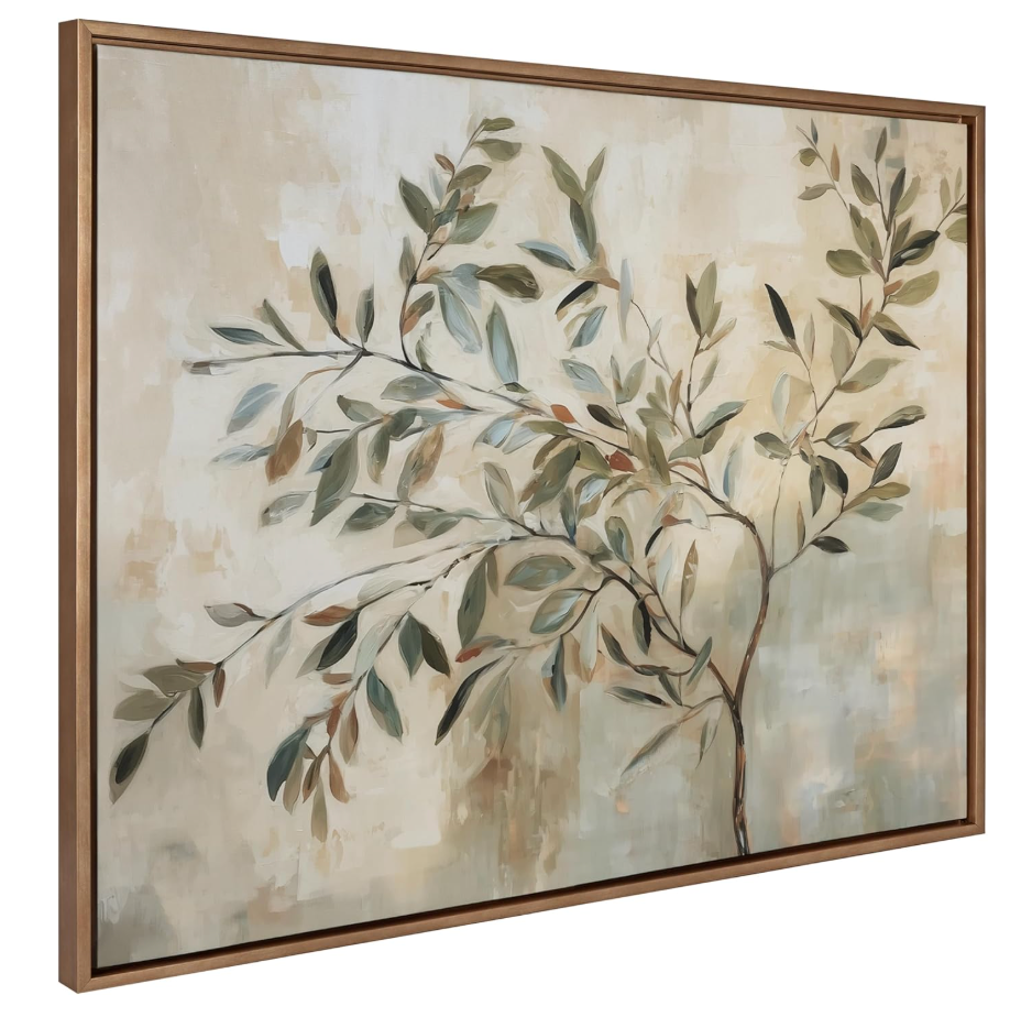 Kate and Laurel Sylvie Olive Tree Abstract Framed Canvas Wall Art by The Creative Bunch Studio; 41.5x31.5 Gold; Soft Nature Tree Art for Wall, Broken Frame