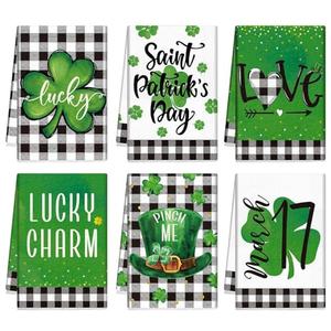 VitalCozy 6 Pcs St. Patrick's Day Kitchen Towels Shamrocks Buffalo Plaid Dish Towels Hand Towel 14 x 21 Inch Decorative Lucky Irish Tea Towel Spring Decoration for Kitchen Home Bathroom Gifts