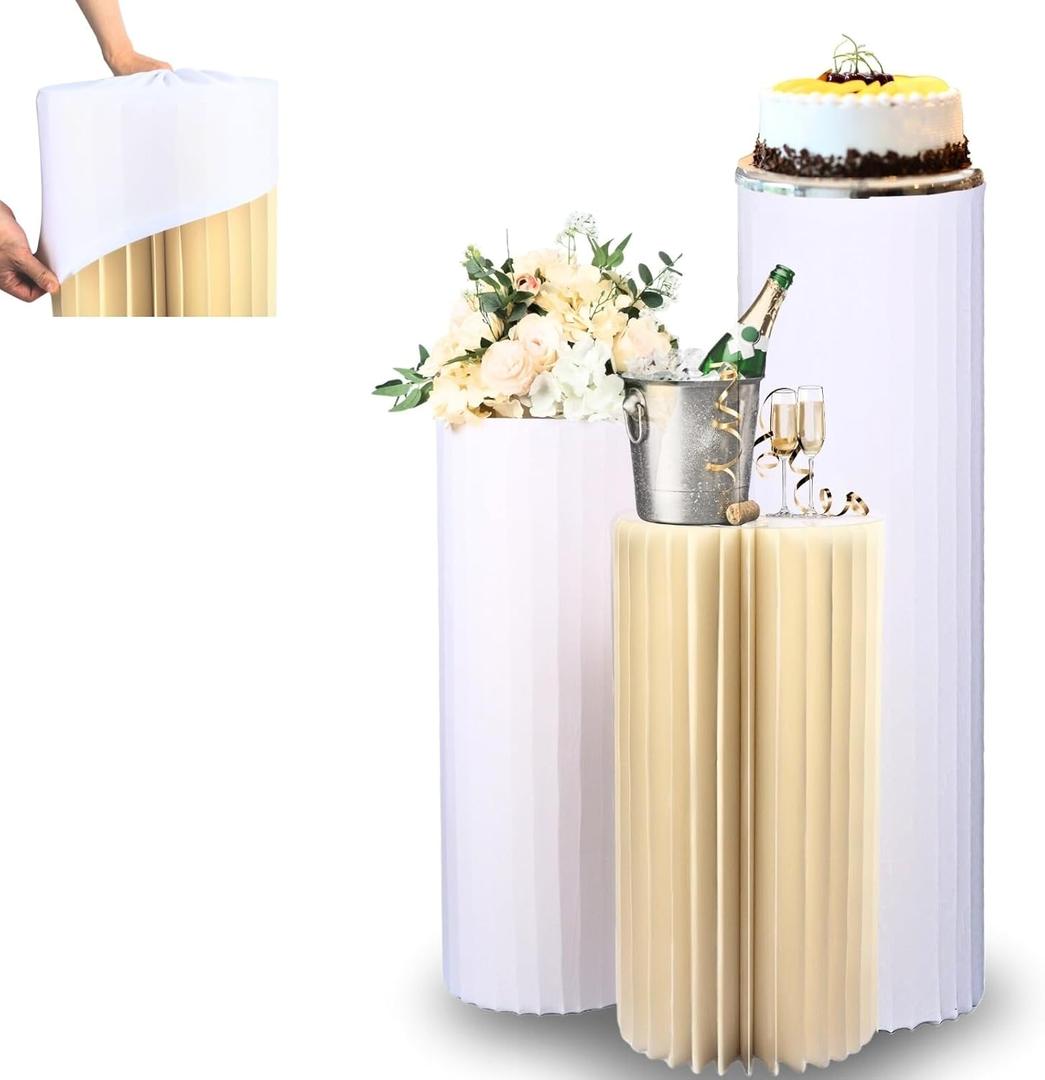 3PCS Round Cake Stands for Party, Sturdy Cardboard Column with White Fabric Covers and Clear Acrylic Plates, Reusable Round Cylinder Stands for Party, Cake Pedestal Stand for Wedding Dessert (11.8 inch in diameter-3pcs)