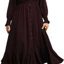 Plus Size Smocked Casual Maxi Dress for Curvy Women Long Sleeve Sweetheart Neckline Fall Dresses Button Down (Burgundy, XL)
