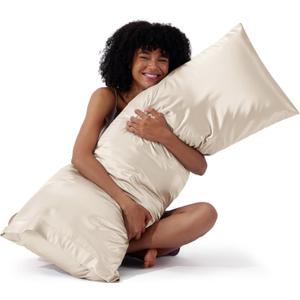 Bedsure Body Pillow Cover 20x54 Inches - Beige Satin Similar to Silk Pillowcase for Hair and Skin, Cooling and Silky Long Body Pillow Pillowcase with Envelope Closure, Gifts for Women Men