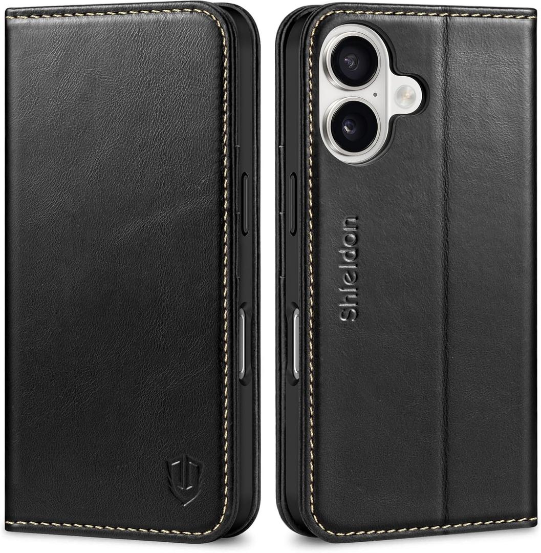 SHIELDON Case for iPhone 16 6.1" 2024, Genuine Leather Flip Wallet Case Magnetic RFID Blocking Card Holder Kickstand Shockproof TPU Protective Phone Cover Compatible with iPhone 16 - Retro Black
