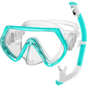 2 Sets Kids Snorkeling Gear for Ages 3-14, Anti-Fog 180 Clear View Dry Top Snorkel Set, Swimming Mask with Nose Cover & Tempered Glass Goggles for Youth Boys Girls Junior (Small-Medium, Light Blue)