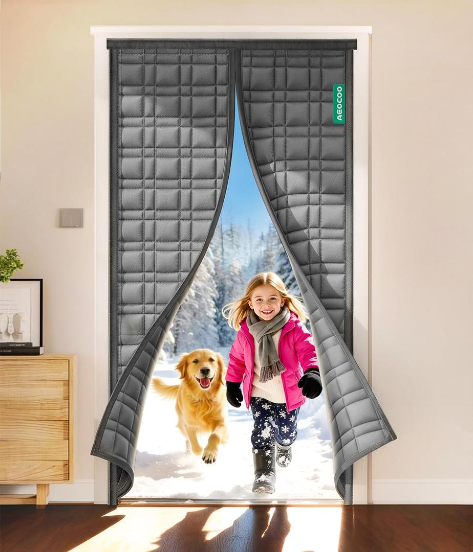 AEOCOO Thermal Door Curtain, Fit Size up to 36 x 80 Inches, Magnetic Insulated Door Curtains for Doorway/Front/Back/Basement, Oxford Cover with Thick Cotton to Keep Warm Winter, Grey, Rectangle (Gray)