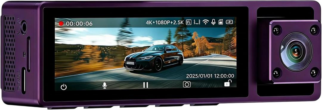 4K 3 Channel Dash Cam Front and Rear, 4K+2.5K+1080P Front and Rear Inside, 3.2" Dash Camera for Cars, 4 IR Night Vision, WiFi APP Control, G-Sensor, 24H Parking Mode,(Purple)