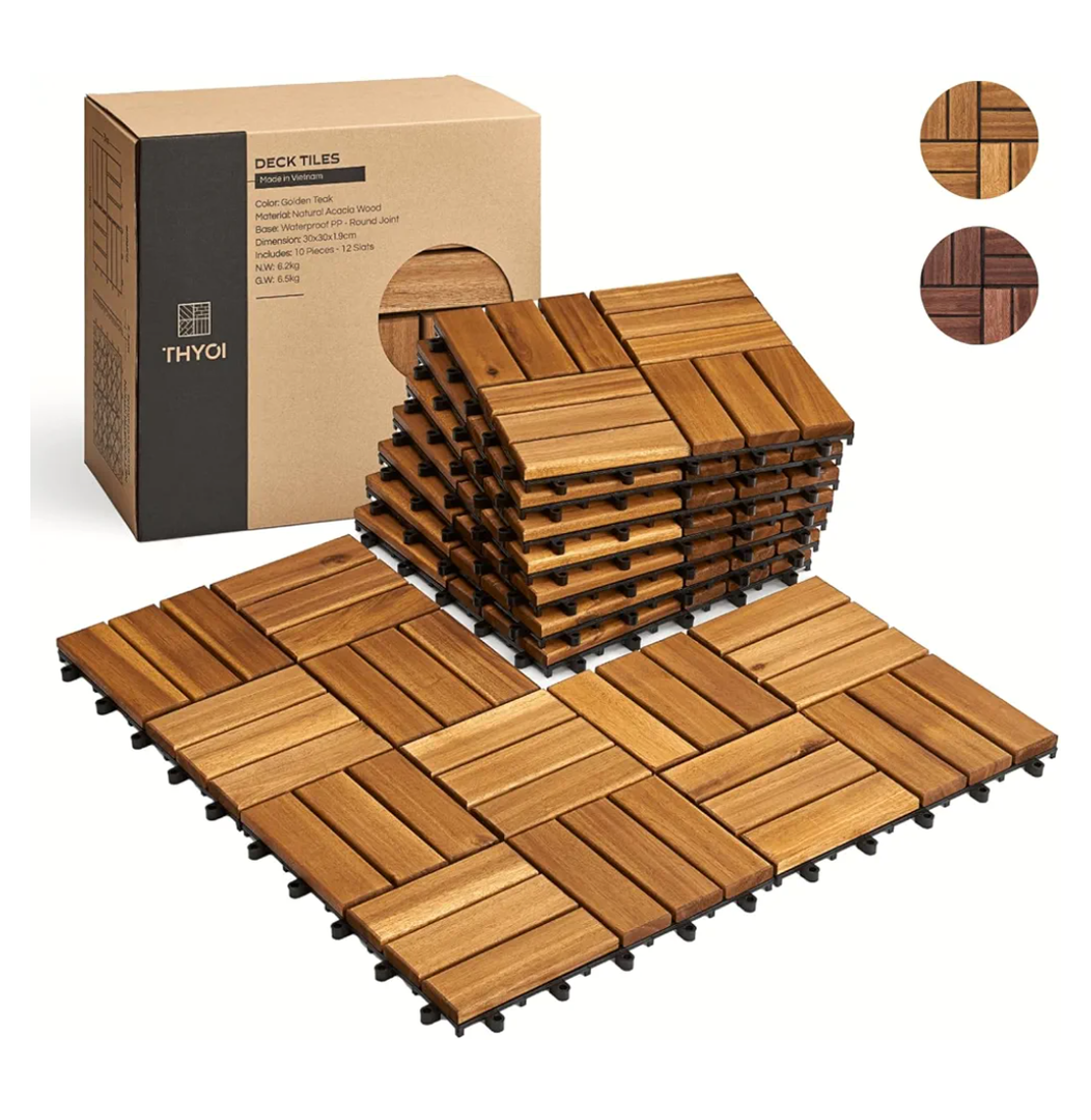 10 Pcs Acacia Wood Interlocking Deck Tiles (12" x 12"), Deck Flooring Outdoor Waterproof All Weather, Tiles for Patio, decking Tiles for Indoor and Outdoor use (Golden Teak 12S, 10 Square Ft)