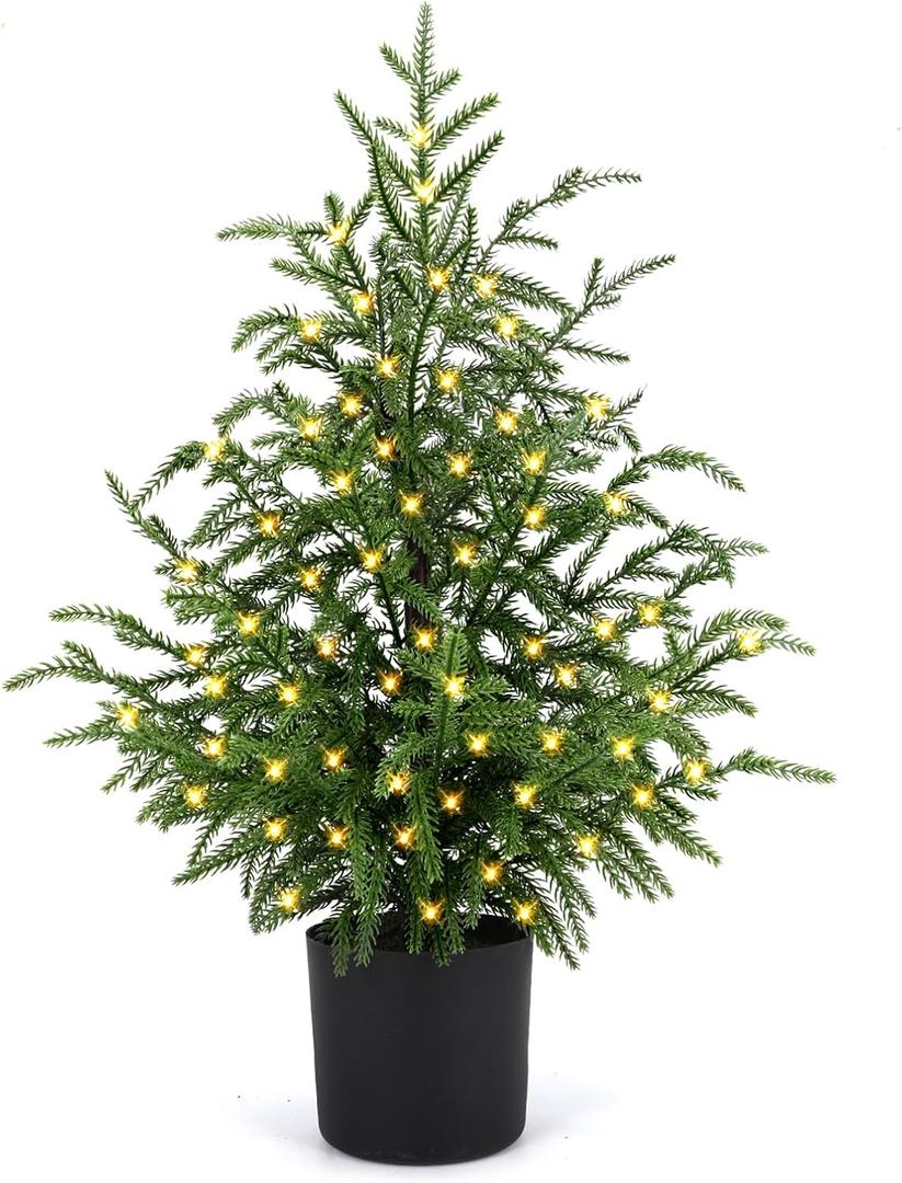 2FT Artificial Norfolk Pine Christmas Tree  Tabletop Faux Tree Unlit/Prelit with 50 LED Lights & 8-Function Battery Box, Pre-Assembled Holiday Decor for Home or Office (Prelit-2FT-1Pack)