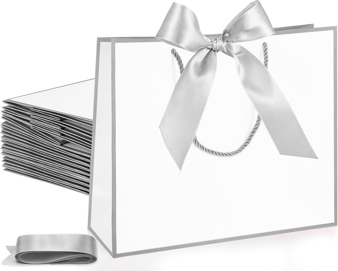 Silkfly 12 Pcs Thank You Gift Bags with Handle 12x10x4'' Welcome Elegant Gifts Bag with Bow Ribbon for Mother's Day Wedding Graduation Bridesmaid Baby Shower Birthday Housewarming (White,Silver)