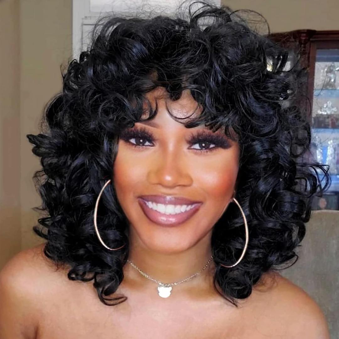 Lightweight Breathable Black Short Curly Wigs Human Hair with Bangs Heat Resistant Glueless for Natural Look Daily Use (14 Inch,Black)