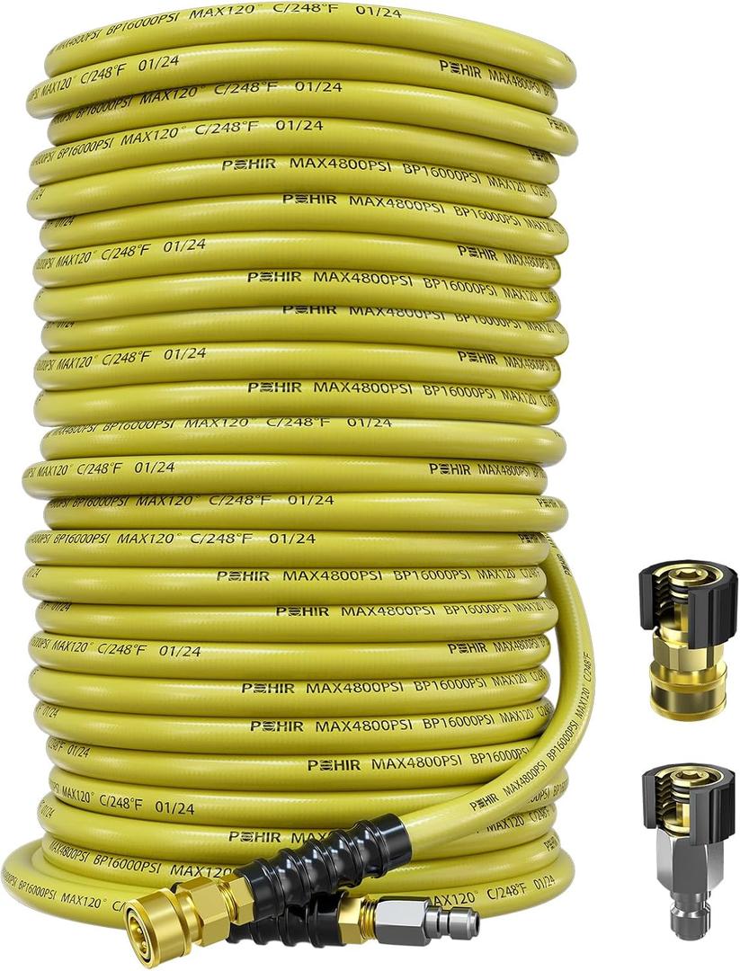 POHIR 100ft Pressure Washer Hose 3/8" 4800 PSI, Power Washer Hose with 3/8 Quick Connect, Hot & Cold Water Hose Max 248F, Commercial Industrial Grade Steel Wire Braided Kink Proof Extension Hose