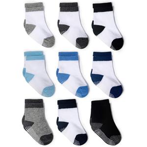 Zaples Grip Crew Socks with Non Slip/Anti Skid Soles for Baby Infants Toddlers Kids Boys Girls (1-3T, Boys Color Blocked - 9 Pairs)