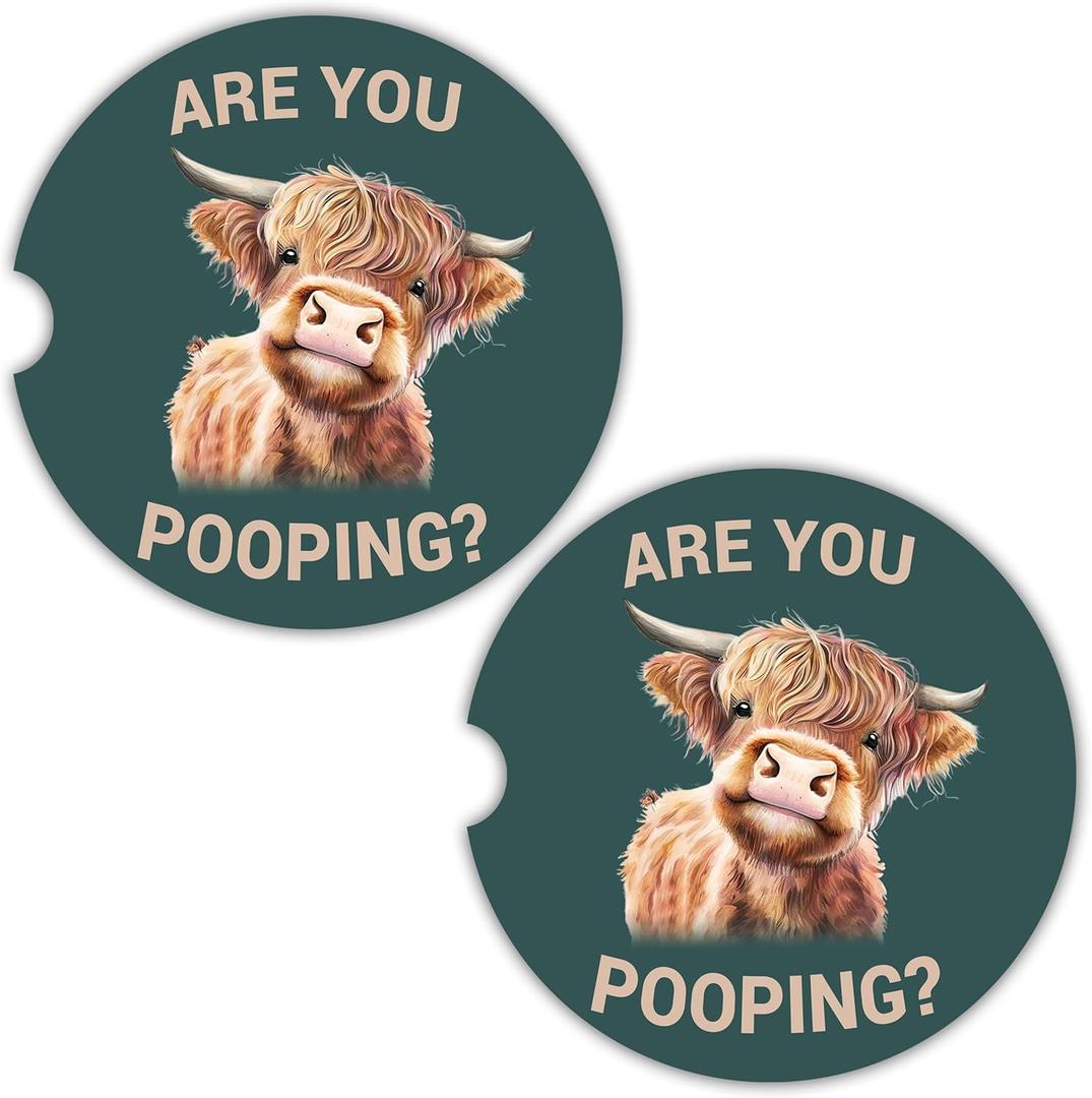 Cow Car Coasters for Cup Holders - 2 Pack Cute Cow Print Car Accessories for Women, Funny Highland Cows Stuff Decor, Absorbent Ceramic Cup Holder Coaster for Car to Keep Clean, Country Western Gift