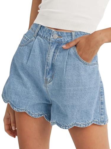 Tankaneo Womens High Waist Jean Shorts Summer Casual Scalloped Hem Cute Trendy Loose Fit Denim Shorts,Size 6