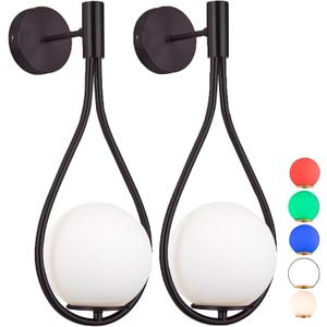 Pack Wall Sconces/Wall Lights, Not Hardwired Brass Gold -White Glass Globe Wall Lamps, Wireless Light Fixture for Bedroom, Living Room, Bathroom, Hallway (Black)