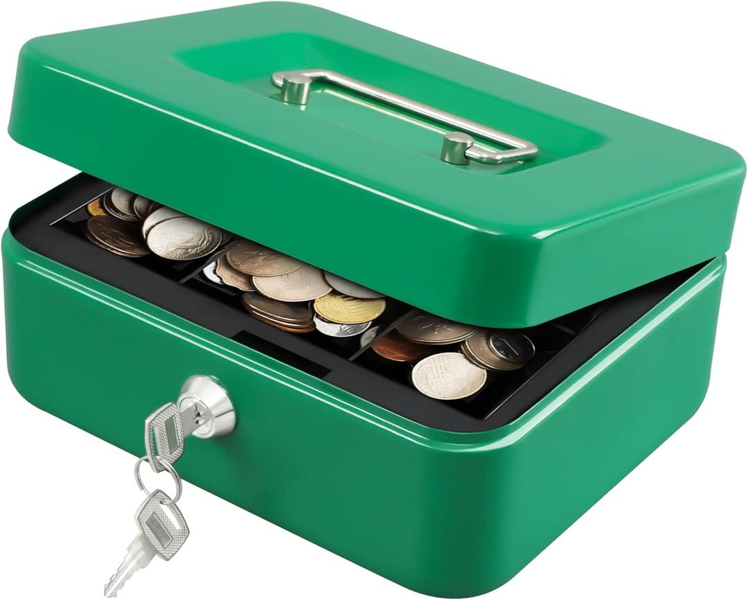 KYODOLED Medium Cash Box with Money Tray,Small Safe Lock Box with Key,Cash Drawer,7.87"x 6.30"x 3.54" Green Medium