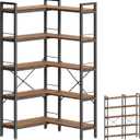 Huuger 5 Tier Bookshelf, L Shaped Corner Bookshelf with 10 Open Shelves, 49.4 Inch Straight Wide Bookcase with Metal Frame and Wooden Board, Adjustable Feet, Rustic Brown