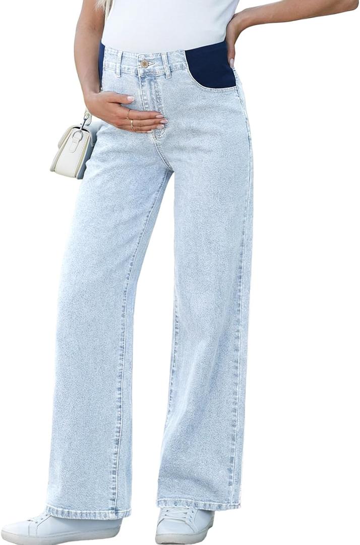 BLENCOT Maternity Jeans for Women High Waist Straight Leg Pregnancy Denim Pants with Pockets (Blue, L)