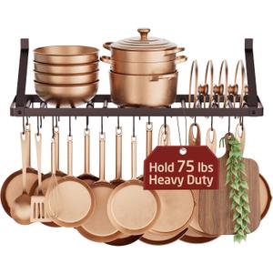 KES 75lb High-Capacity Oil Bronze Pot Rack Wall Mounted, holds up to 150 lb with Pot Lid Holder 34 Inch Heavy-Duty Pots and Pans Hanging Rack with 20 Hooks, Drilling Template Provided for Easy Install