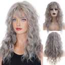 Baruisi Long Curly Wavy Women Wig with Bangs Synthetic Heat Resistant Halloween Cosplay Party Hair Wig,Grey (gray)