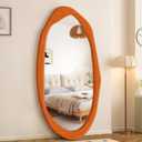 Irregular Asymmetrical Wall Mirror, 48" x 24" Flannel Wrapped Wooden Frame Frame Mirror for Living Room Bathroom Entryway, Hanging or Leaning Against Wall(Orange)