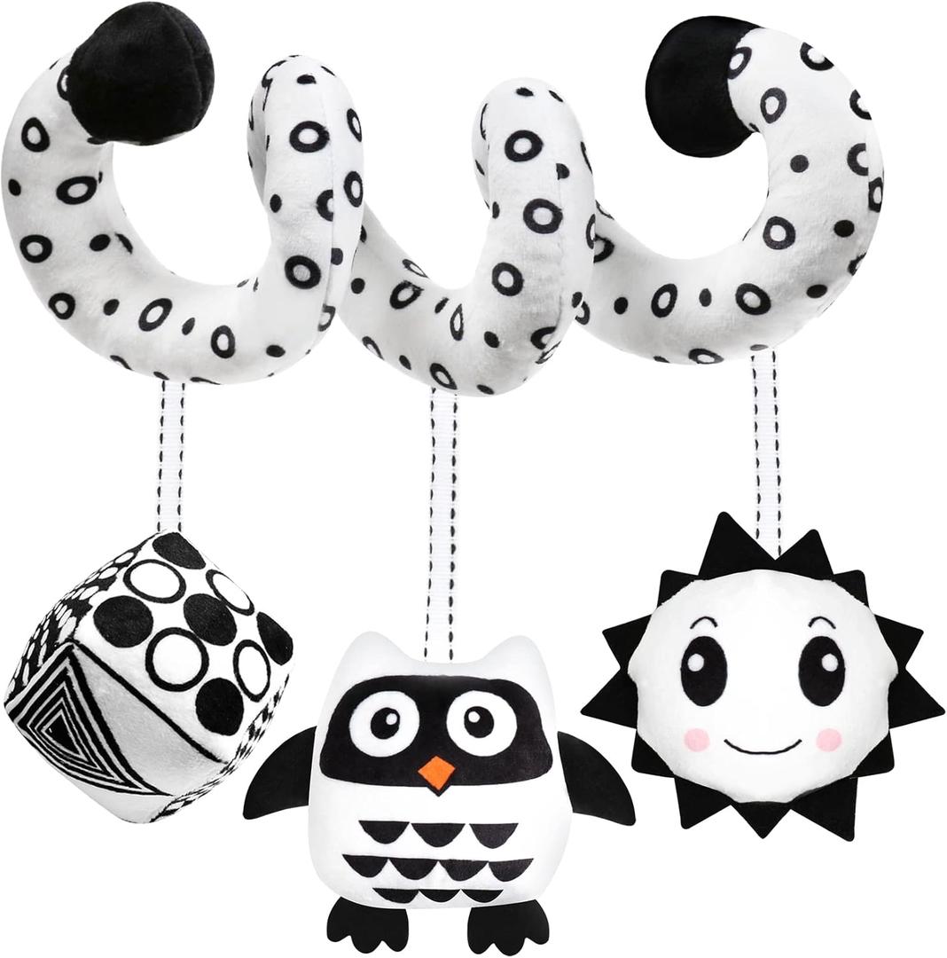 Baby Spiral Hanging Stroller and Car Seat Toys Black and White High Contrast Sensory Toy Newborn Plush Activity Toys Party Favors Quality Gifts for Baby Shower, Easter Basket Stuffers -OWL