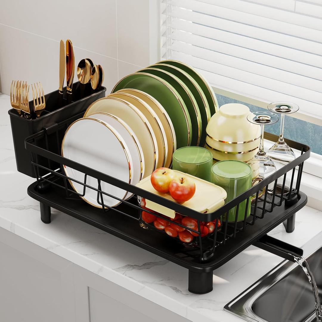 Dish Drainer Rack with Drip Tray, Sink Dish Drainer with Drainage Spout, Stainless Steel Dish Drying Rack with Cups, Utensil & Cutting Board Holders for Kitchen Counter Space-Saving, Black