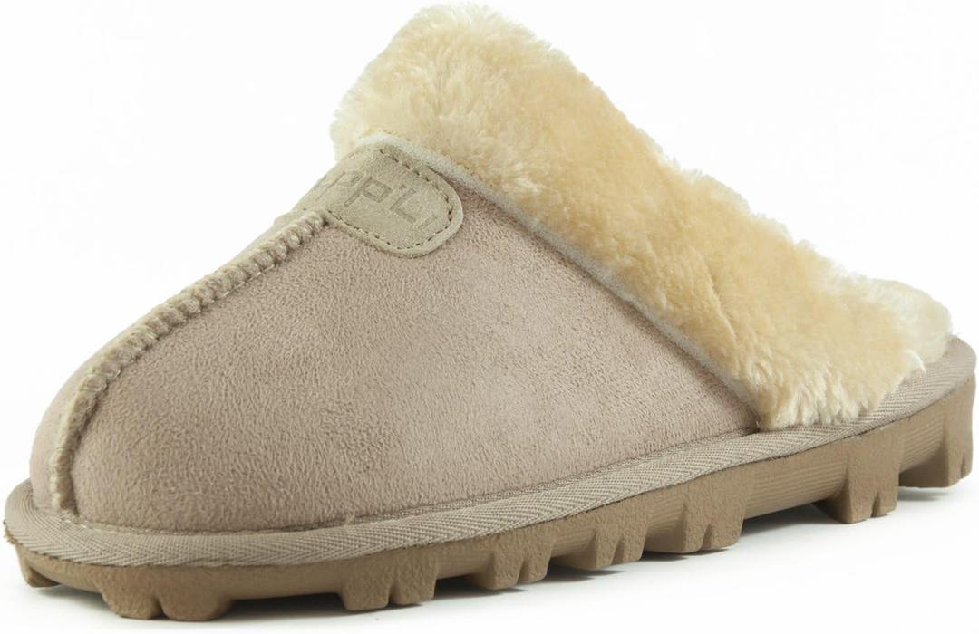 CLPP'LI Womens Slip on Faux Fur Warm Winter Mules Fluffy Suede Comfy Slippers (9, Sand)
