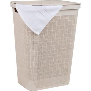 Mind Reader 60L Slim Laundry Hamper, Clothes Basket, Lid, Linen Design, Plastic, Ivory