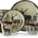 Elama Majestic Elk 16 Piece Round Stoneware Dinnerware Set in Taupe (Elk Design with Warm Taupe and Brown Accents)