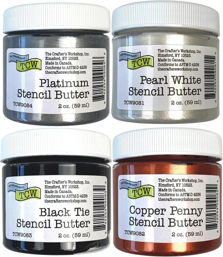 The Crafter's Workshop Stencil Butter - Formal Acrylic Paint Set - Boutique Metallic Texture Paste for Art, Canvas, Journals, & Cards - 4 x 2oz Jars