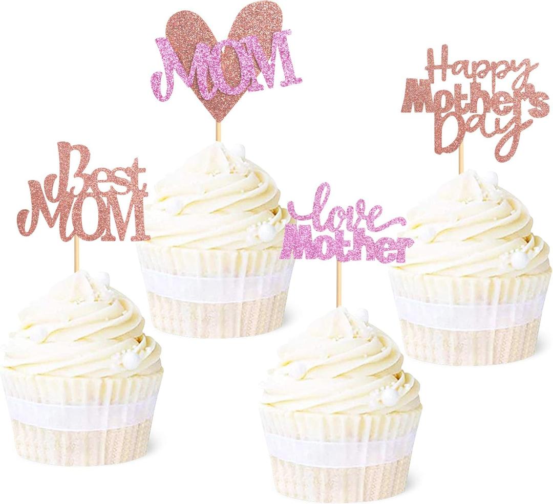 Ercaido 48 Pack Happy Mother's Day Cupcake Toppers Rose Gold Glitter Love Mother Best Mom Theme Cupcake Picks Happy Mother's Day Theme Party Cake Decorations Supplies