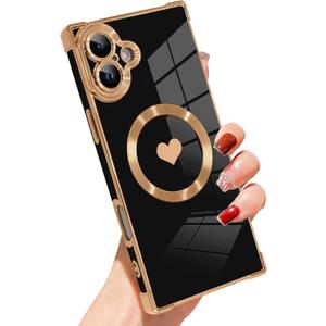 SAKUULO Case for iPhone 16 Cute Plating Case[Compatible with Magsafe] for Women Girls Electroplated Heart Soft TPU Shockproof Camera Protection Bumper Cover for iPhone 16 6.1",Black