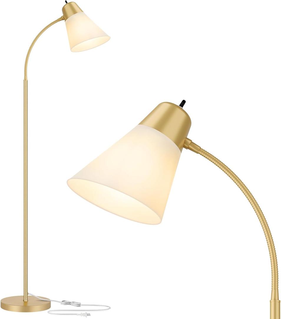 Coucrek Floor Lamp for Living Room, Adjustable Standing Room Lamp with White Plastic Shade, Gold Reading Floor Lamps for Dorm, Bulb not Included