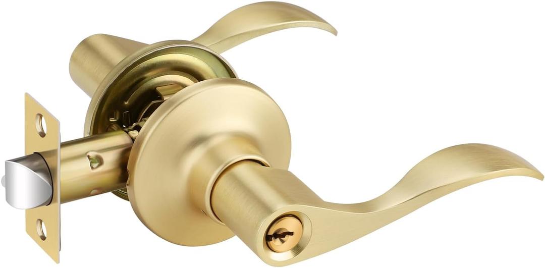 Bonpoly 1 Pack Gold Door Handles, Keyed Alike Entry Door Handle with Lock and Key, Brass Interior Door Handle for Living or Bedroom, Wave Door Lever for Right Handing Doors