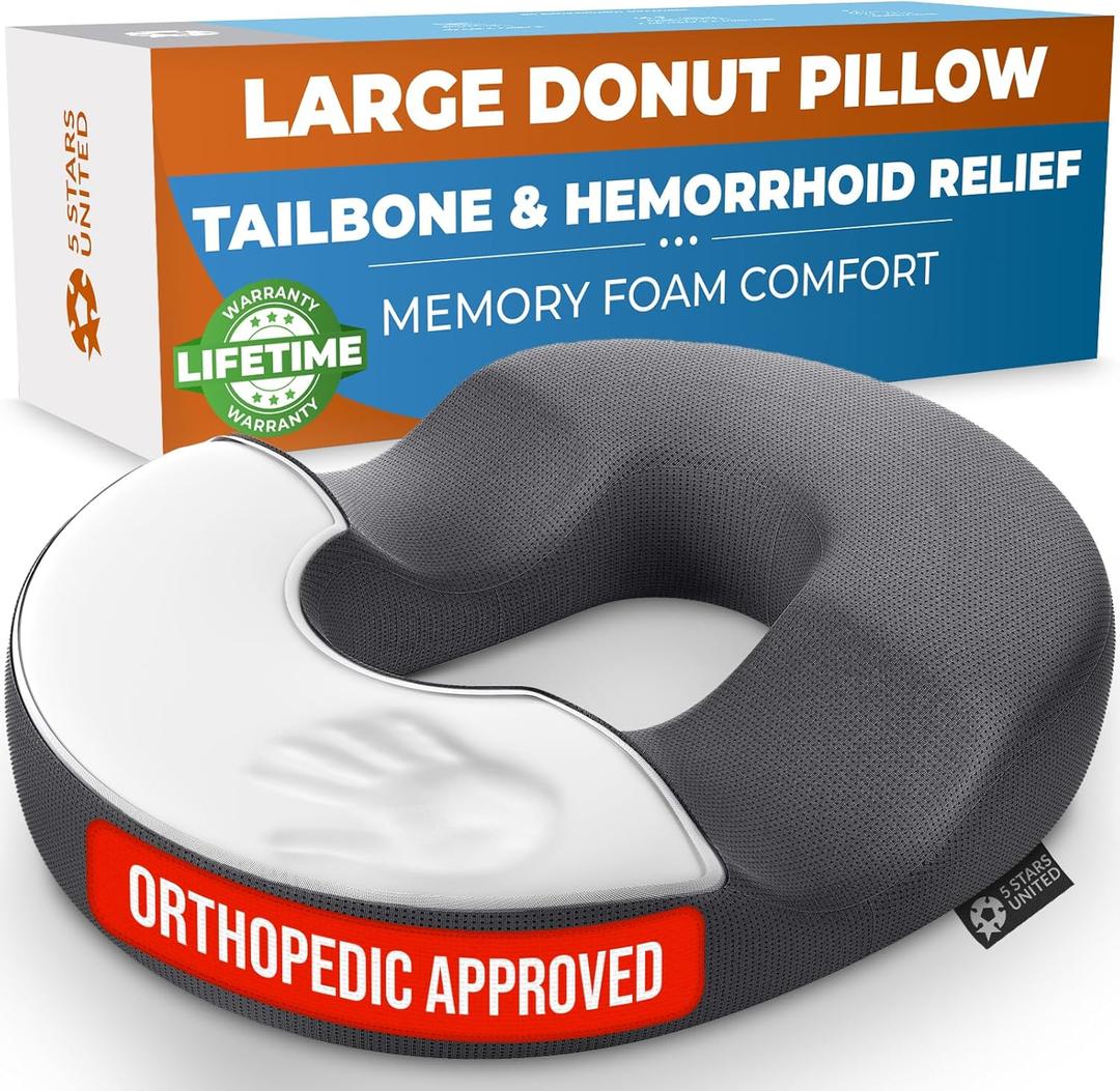 5 STARS UNITED Donut Pillow Hemorrhoid Tailbone Cushion  Large Cushion for Pain Relief  Coccyx, Prostate, Sciatica, Pelvic Floor, Pressure Sores, Pregnancy, Postpartum Recovery, Dark Gray