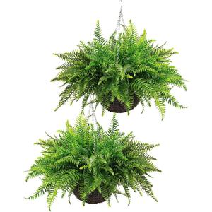 QIANYUN Fake Fern Outdoor Artificial Plants-2-Pack Artificial Outdoor Hanging Fern Faux Greenery UV Resistant Plastic Plants for Front Porch Living Room Garden Decor- Including Hanging Planters
