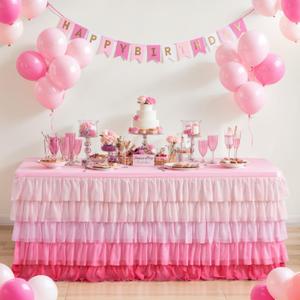 Besutolife Pink Ruffled Table Tutu - 6ft Baby Shower Birthday Party Unicorn Gradient Pink Table Decor