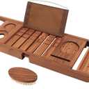 VaeFae Premium Teak Bathtub Tray, Expandable Wooden Bath Tray for Tub, Luxury Bathtub & Bathroom Accessories, Great House Warming, Anniversary & Wedding and Birthday Gifts (Free Teak Body Brush)