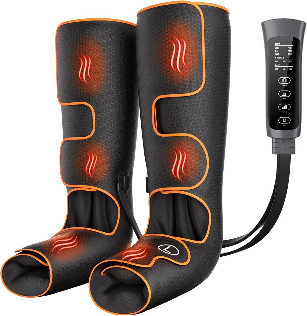 Leg Massager with Heat and Compression, Foot and Calf Massager for Circulation and Pain Relief, Compression Boots with Handheld Controller, 6 Modes 3 Intensities, Gift for Mom Dad (Black)