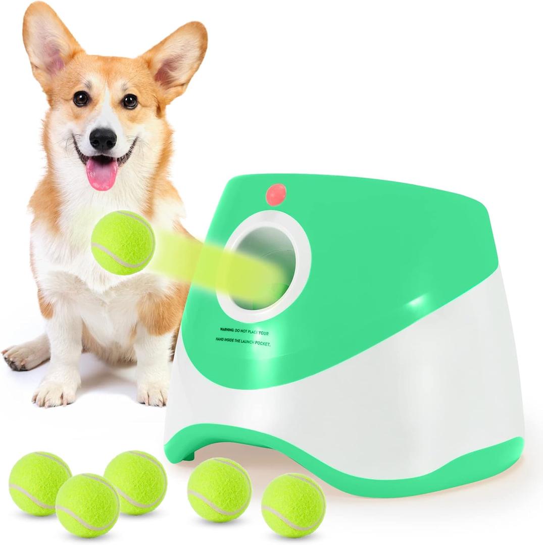 SOCO Dog Ball Launcher Automatic,10-30 FT Distance, USB Rechargeable Ball Thrower, LED Indicator Dog Toy, Included 6 Mini Tennis Balls (2") for Small Dogs